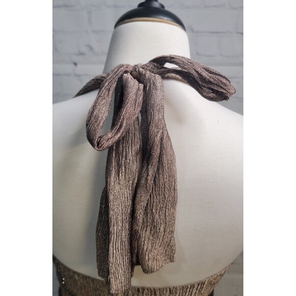 Vintage Cache Womens Halter Dress Size 10 Bronze Metallic Crinkled Silk Beaded - Picture 8 of 10